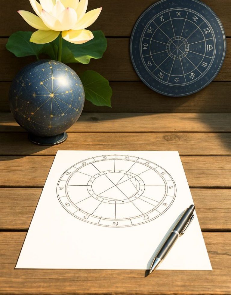 "Astrologieconsult: inzicht en begeleiding op jouw unieke pad." Een witte papier met een teken van een astrologische cirkel, een pen, een globe en een lotus.