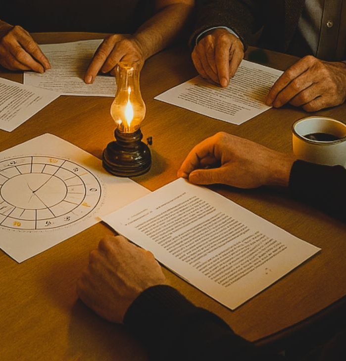 Workshop astrologie – studie en bezieling aan tafel Tafelscène met handen, documenten, een kaars en een kop koffie.