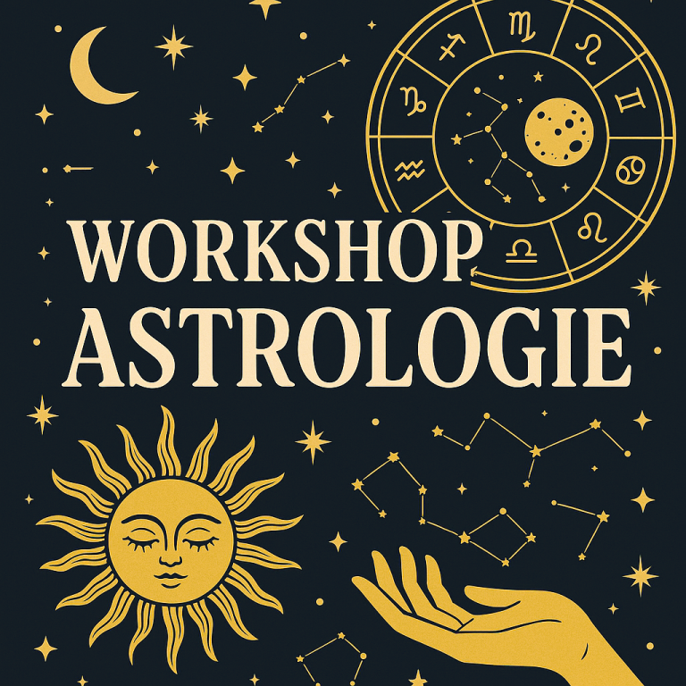 Lezing astrologie – onderdompeling in kosmische symboliek Een silhouet van een spreker aanwijzend naar een horoscoop op een scherm voor een publiek.